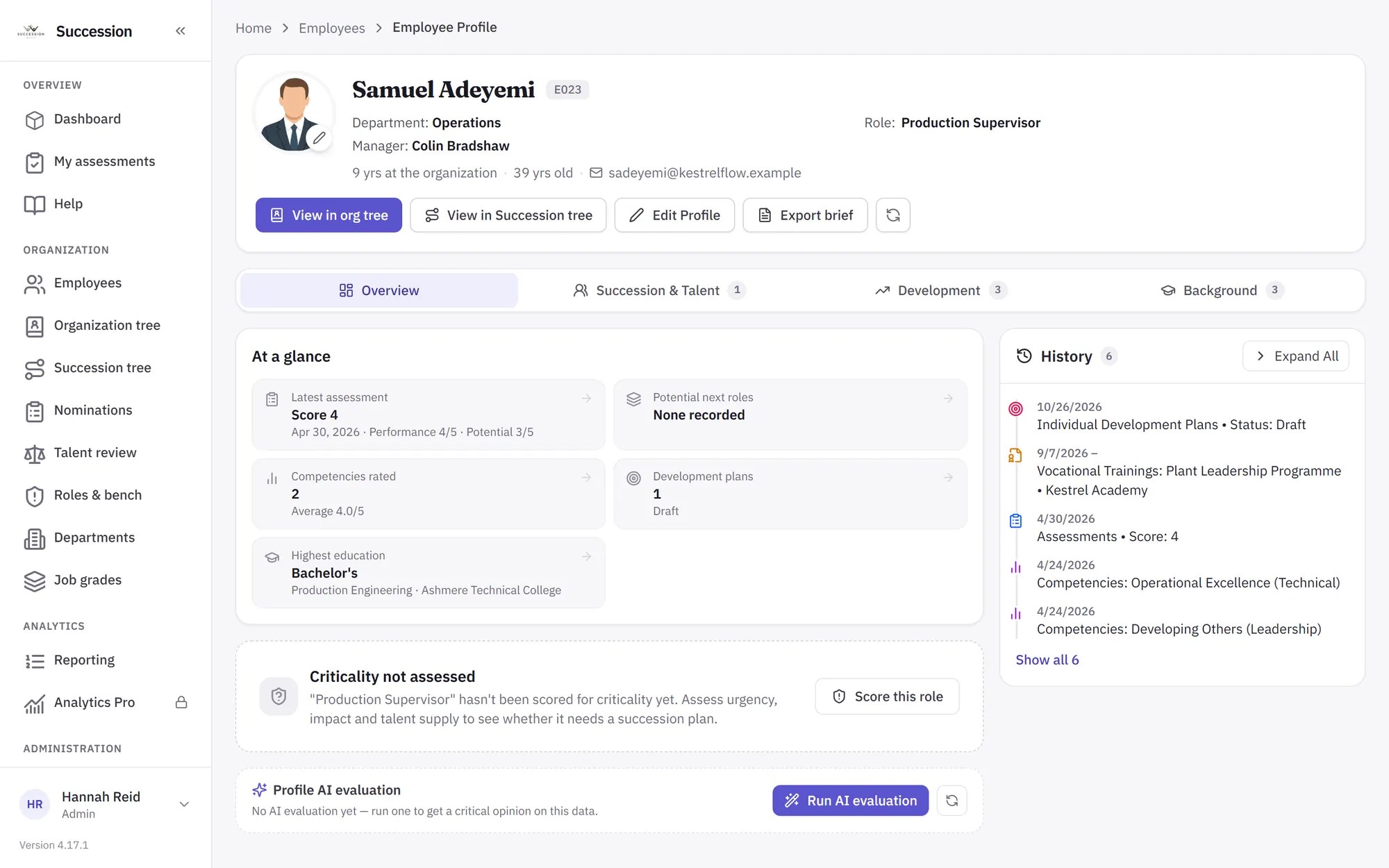 An employee profile with the latest assessment, competencies, development plans and a history timeline.