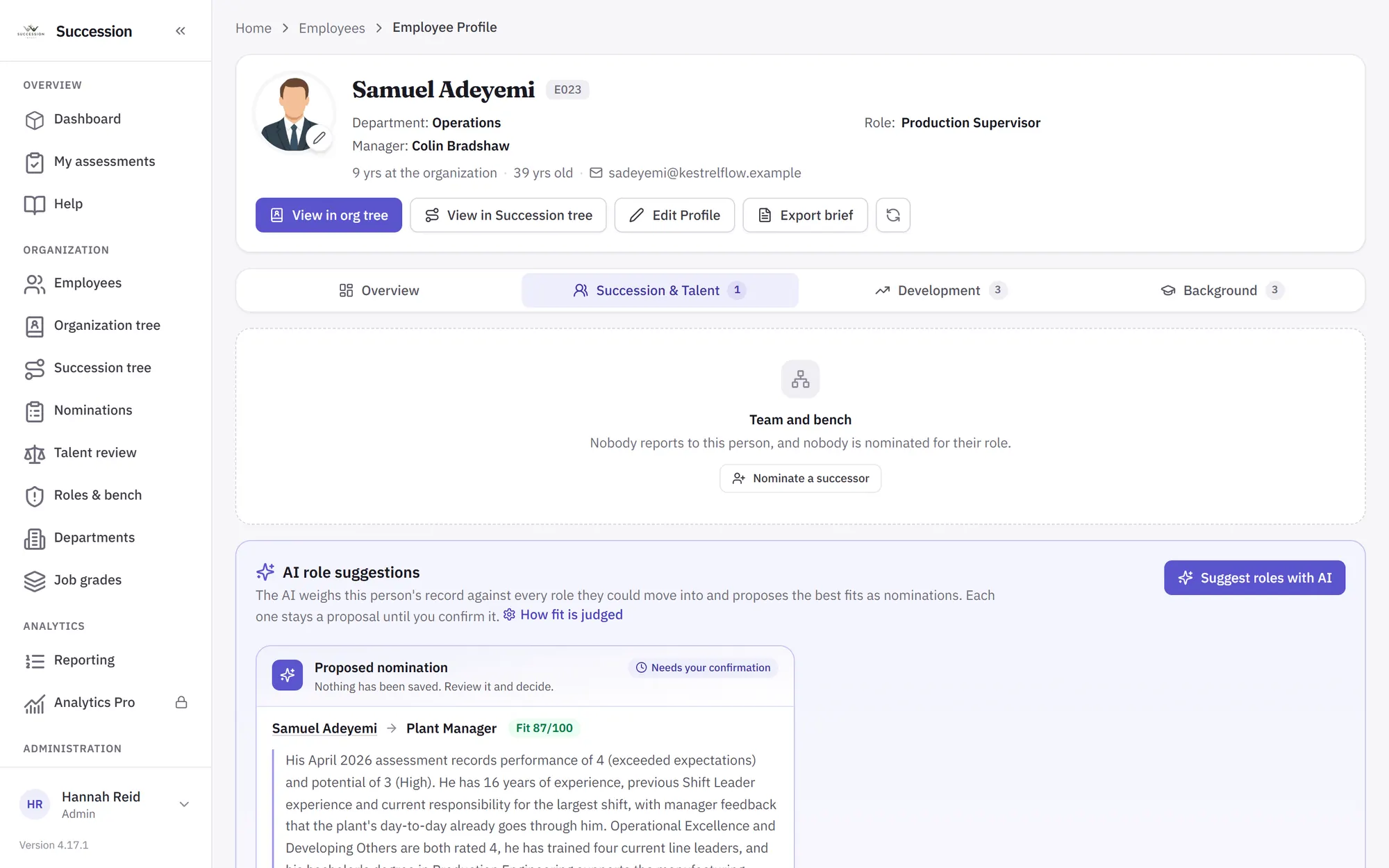 An employee profile with an AI role suggestion: Plant Manager, fit 87 of 100, with its reasoning and awaiting confirmation.